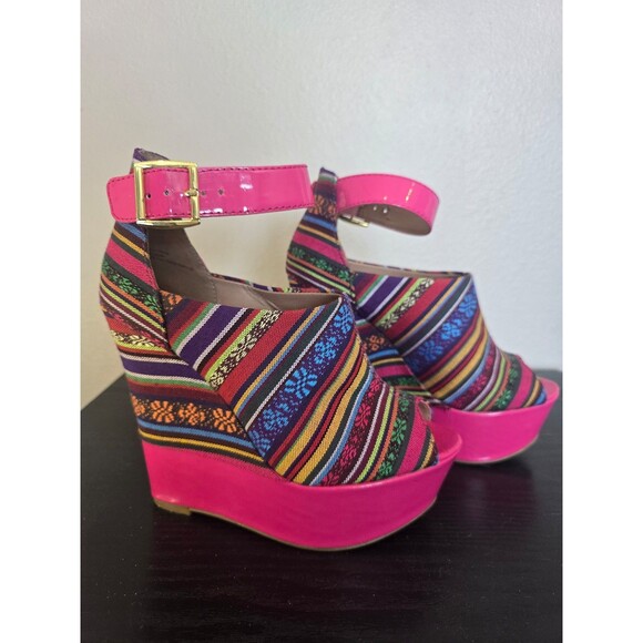 TALL Wedge funky multicolor heels with ankle straps women's size 6 - Picture 4 of 9